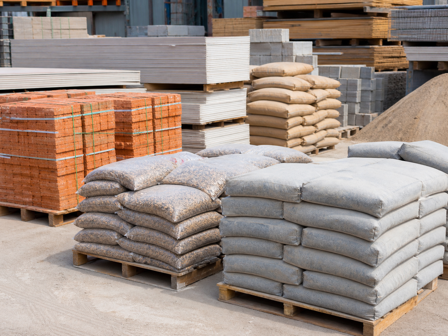 Bricks, cement bags and construction materials in a yard