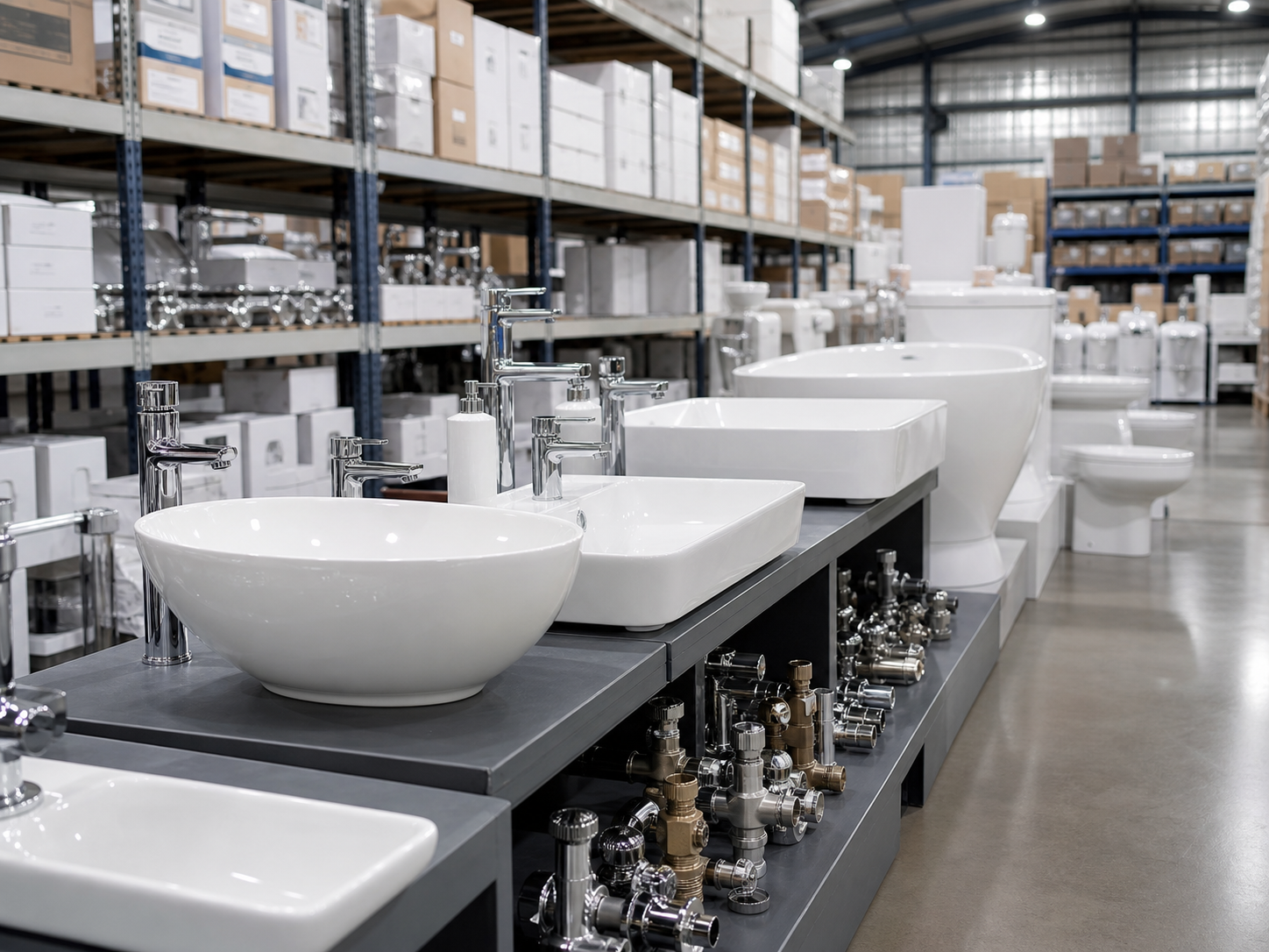 Sanitaryware display with basins and taps