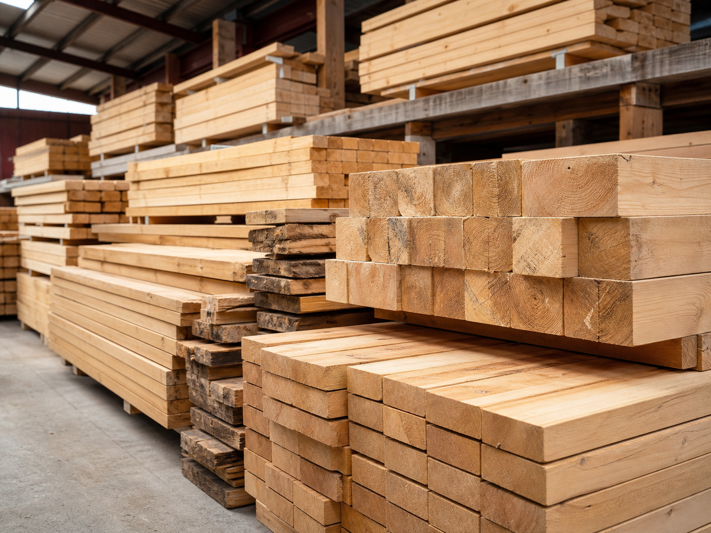 Trade timber products stacked in a warehouse